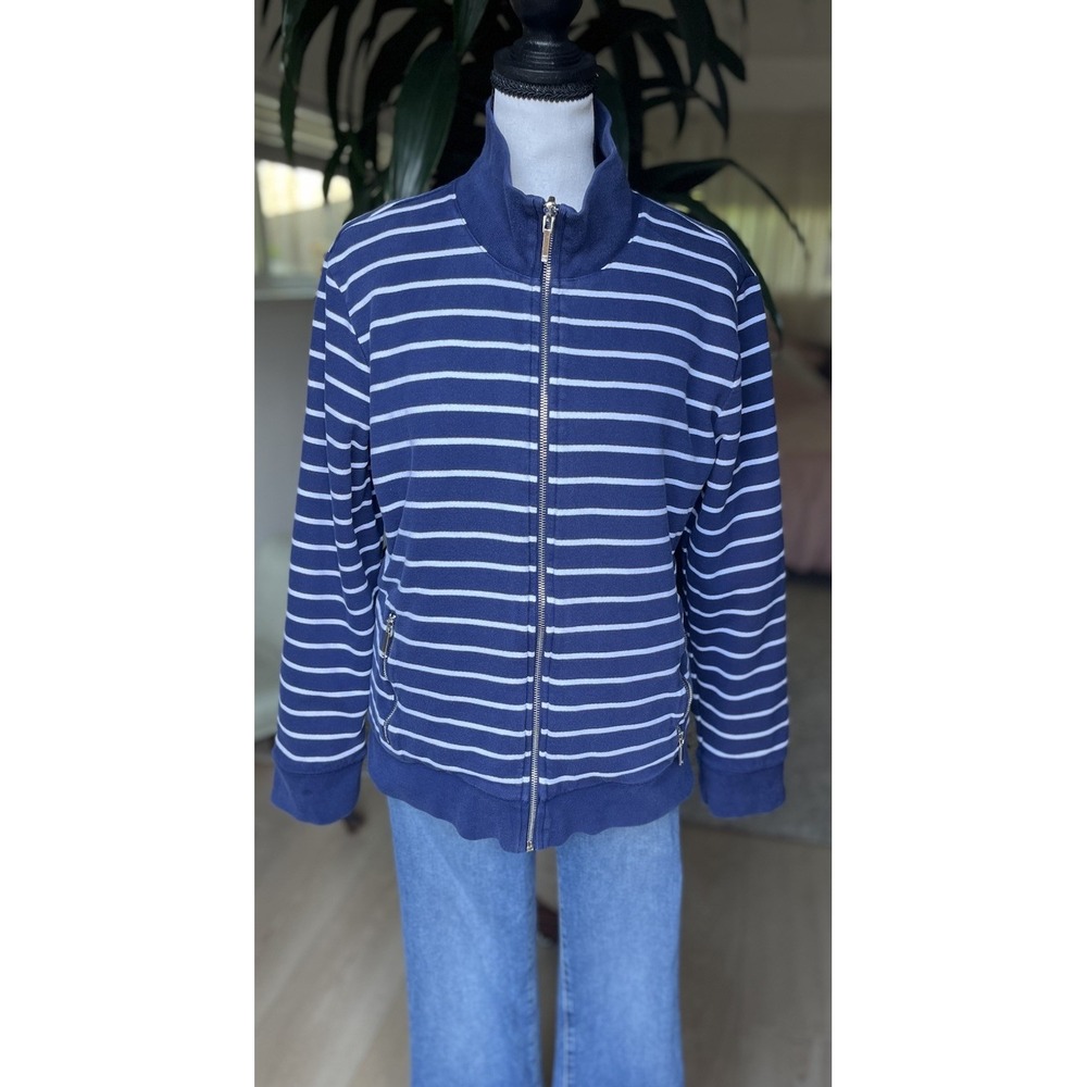 Ralph Lauren Women Jacket XL Reversible Blue & White Zip Pockets Zip Sweatshirt